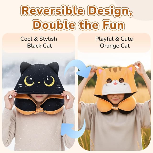 Detalle de Mewaii Nackenkissen für Reisen – wendbares Memory-Schaum Nackenkissen mit Katzenkapuze und verstellbarem Riemen