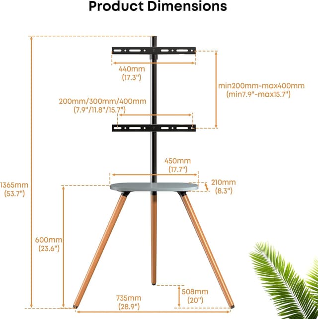 Detalle 2 de PUTORSEN TV Ständer im Staffelei-Design (Dreibein) für 43–65 Zoll, höhenverstellbar, VESA bis 400×400, 35 kg Tragkraft, Schwarz/Nussbaum
