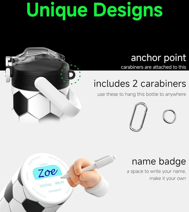 Detalle de MYFOREST 400ml Kids Insulated Water Bottle with Soft Sipper (Football) and Name Spot