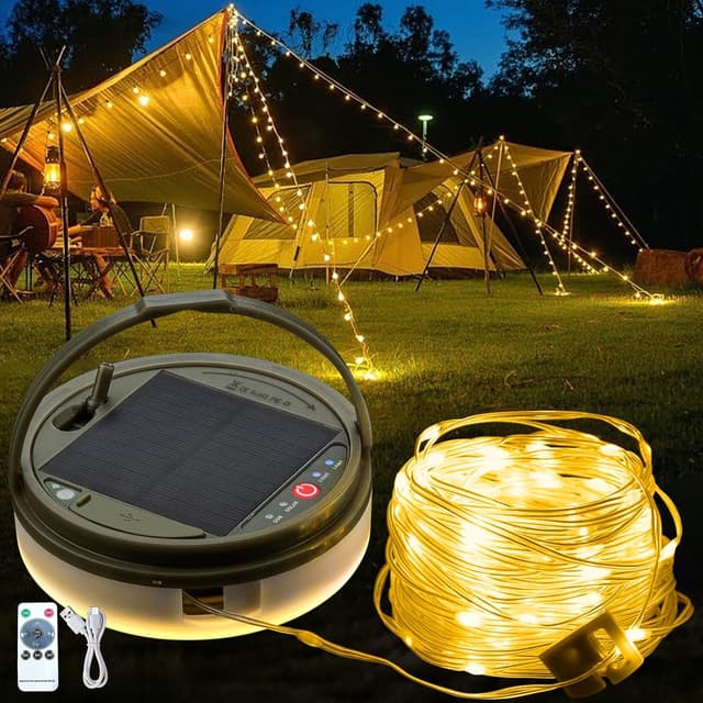 Detalle de JIMACRO 12m Camping String Lights Reel (120 LEDs) – Rechargeable fairy lights for tent, patio & events