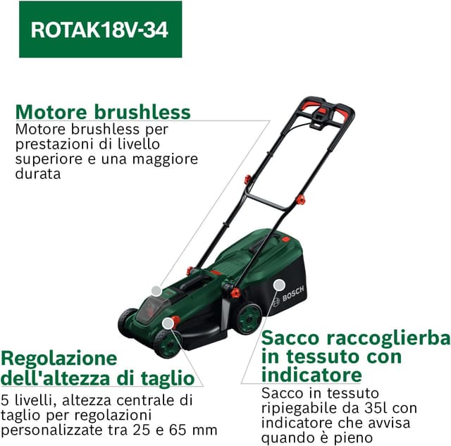 Detalle de Bosch ROTAK18V-34 rasaerba a batteria 18V con lama 34 cm e sacco da 35 L