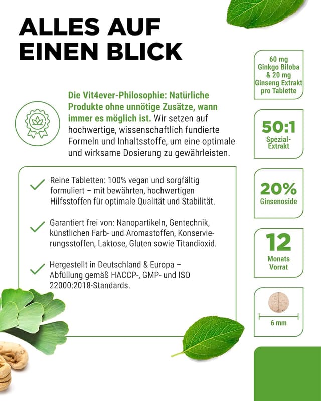 Detalle 2 de vit4ever Ginkgo + Ginseng - 365 Tabletten - Spezial Extrakt - Hochdosiert - Laborgeprüft - Ginkgo Biloba + Koreanischer Ginseng - Premium Qualität - Vegan
vit4ever Ginkgo + Ginseng - 365 Tabletten - Spezial Ex…