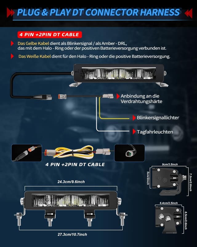 Detalle de 10-Zoll LED-Scheinwerfer 12/24V (40W, 5000 lm) IP69 – weiß/amber Zusatzscheinwerfer mit Linien, E-geprüft