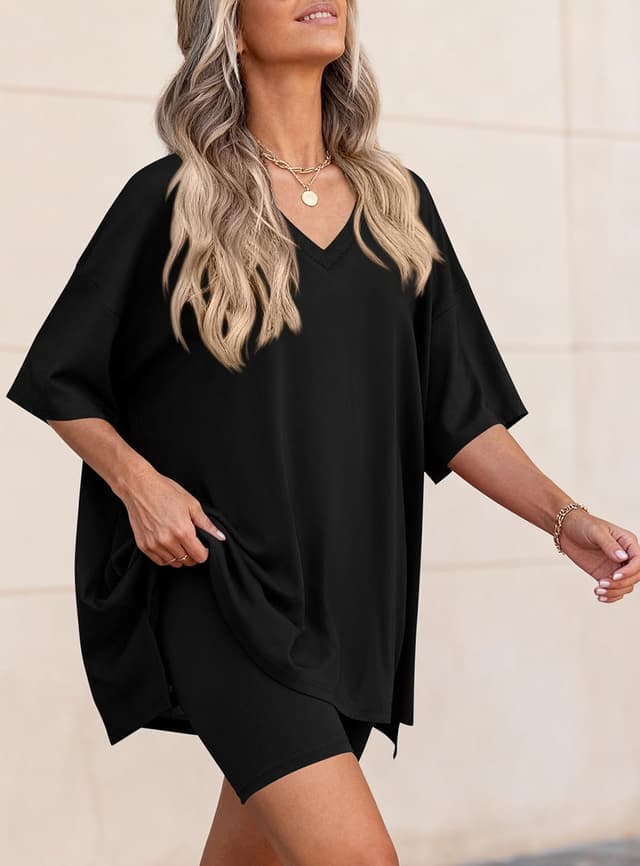 Thumbnail 6 de PRETTYGARDEN 2-Piece Women’s Summer Lounge Set with V-Neck Oversized Shirt and High-Waist Biker Shorts