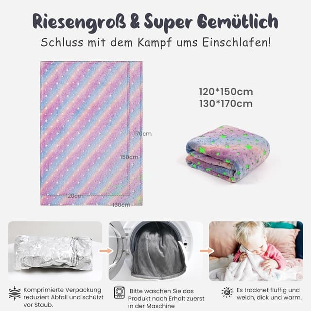 Detalle de Winthome Kuscheldecke für Mädchen – Glow-in-the-Dark Kinderdecke (Stern, 130×170 cm)