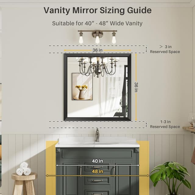 Detalle 2 de Briivue 36x36 Black Bathroom Mirror (Thick Metal Frame, Anti-Rust, Beveled Tempered Glass)