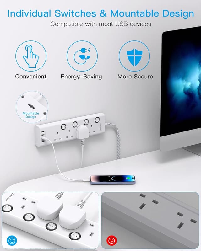 Thumbnail 6 de HANYCONY 4 Way Plug Extension Socket with 1.8m cable 🔌