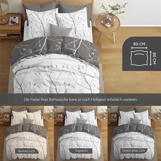 Detalle 2 de Dreamzie Bettwäsche-Set 135x200 cm (4-teilig) mit Zweige-Muster Grau, 2 Kissenbezügen 80x80 cm aus 100% Mikrofaser