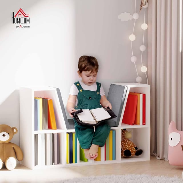 Detalle de HOMCOM bibliothèque-banc 2 en 1 avec coussins de siège et étagère cube 6 compartiments gris