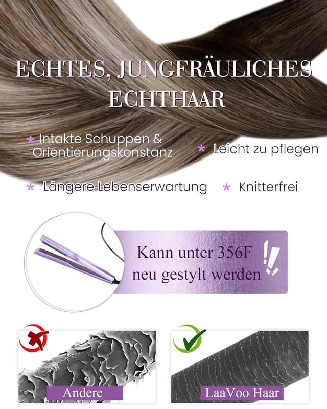 Detalle de LaaVoo Bondings Extensions Echthaar Braun/Balayage (Remy) – Keratin Bondings, 45 cm, #4/18/4