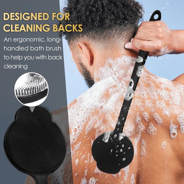 Detalle de Row&Keep Silikon Rücken‑Schrubber für die Dusche mit langem Griff (Carbon black)