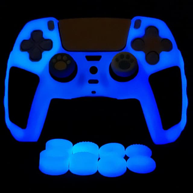 Detalle de HLRAO Glow in the Dark PS5 Controller Skin (Blue) with Anti-slip Silicone Cover & Glowing Thumb Grips