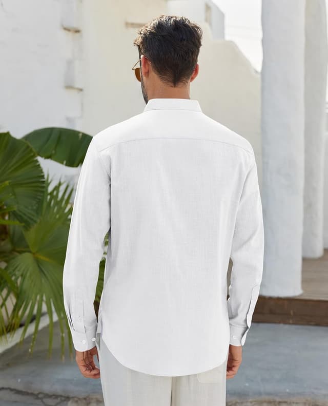 Detalle 2 de J.VER Leinenhemd Herren mit Stehkragen, Langarm und Tasche – Regular Fit Sommerhemd aus Baumwolle & Leinen