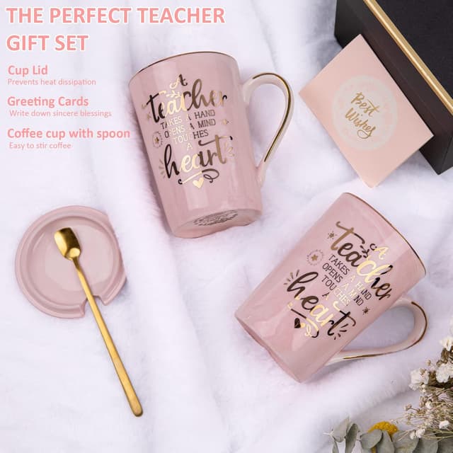 Detalle de Pink Marble 14 oz Teacher Appreciation Mug Gift Set for Women (Includes Lid, Spoon & Card)