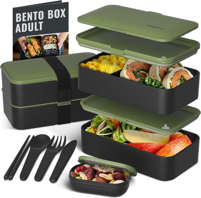 Detalle de Bentoheaven Premium Bento Box Adult Lunch Box (Microwavable, 2 Compartments, Dip Container) with Utensils & Chopsticks