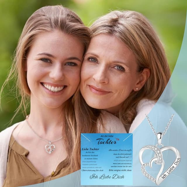 Detalle 2 de Jbniuay Tochter-Halskette mit S925 Doppelherz-Anhänger und Gravur „Ich liebe dich“