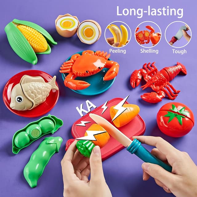 Detalle de Laugigle Pretend Play Food für Kinderküche – 78-teiliges Spielfutter-Set mit Aufbewahrungstasche