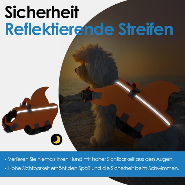 Detalle de AOFITEE Schwimmweste für Hunde „Hai“ (mittel, verstellbar, Orange) mit Rettungsgriff