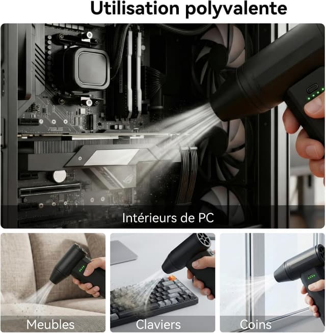 Detalle 2 de fourq Souffleur d’air comprimé électrique 110000RPM (noir) — nettoyeur clavier sans fil rechargeable USB