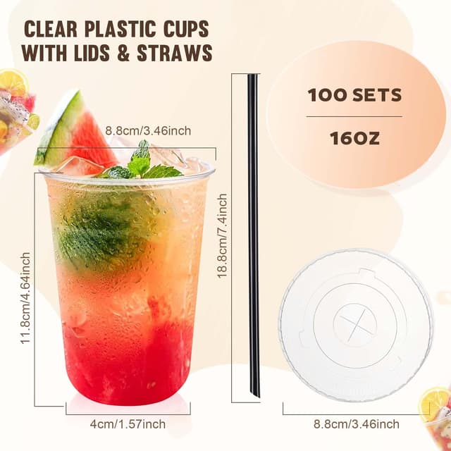 Detalle de tchrules 100 Set 16oz Plastic Cups with Lids and Straws (Clear To-Go Iced Coffee Cups)