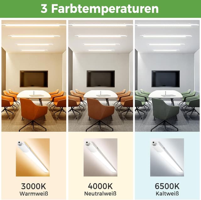 Detalle de zemty 2er Feuchtraum-LED-Leuchte 120 cm (IP65), 36 W, 3960 lm – 3000/4000/6500 K