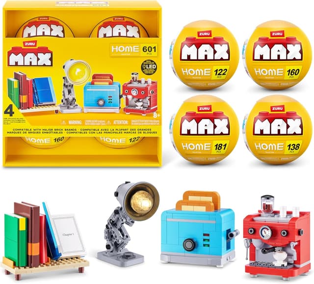 Detalle de Max Build More Premium Home Collection con confezione da 4 (ZURU) — tostapane, leggio, macchina da caffè e lampada, fino a 601 pezzi