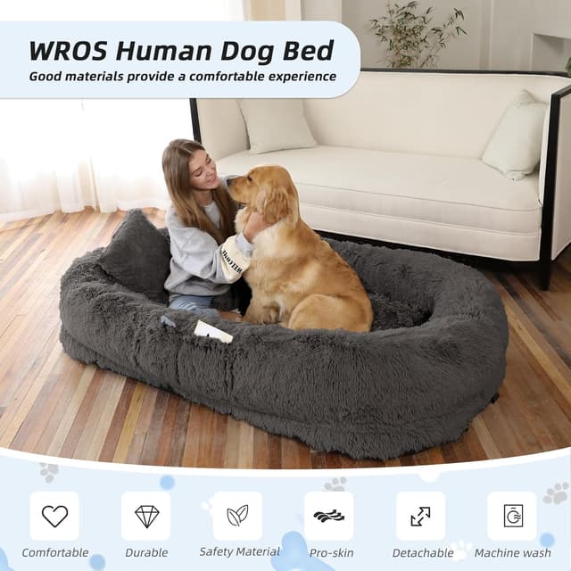 Detalle de WROS Human Dog Bed (71''x45''x12'') Washable Faux Fur Pet Bed for People, Dark Grey