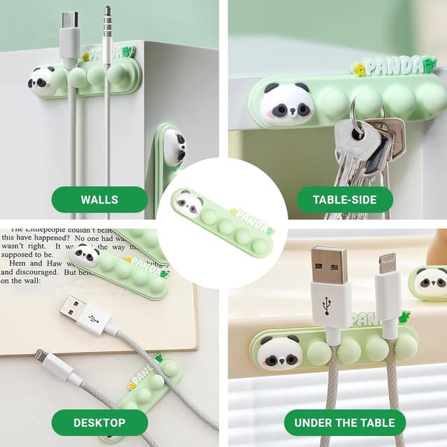 Detalle 2 de FinalCool Selbstklebende Tier-Kabelhalter (Silikon/PVC) für Kabelmanagement am Schreibtisch & Nachttisch – Organizer „Panda“