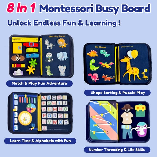 Detalle de Qizfun Toddler Busy Board Montessori Toys (Dinosaur, 8-Page Sensory Busy Book) for Car & Airplane Travel