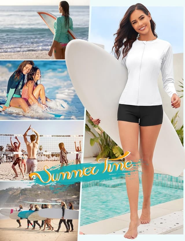 Detalle de Haut de maillot de bain femme Tuopuda à manches longues anti-UV UPF 50+ (rashguard) à fermeture éclair