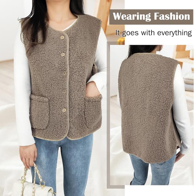 Detalle 2 de beifon Teddy Fleece Weste Damen – ärmellose Plüschweste mit V-Ausschnitt und Knöpfen für Herbst/Winter