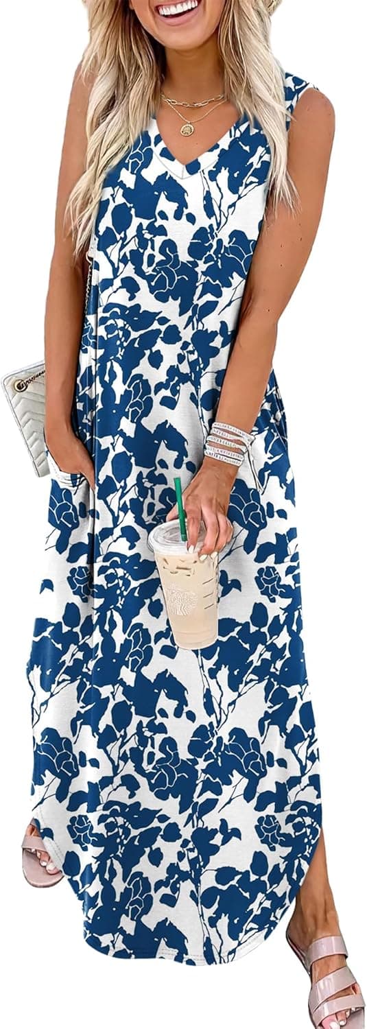 Detalle de Sampeel Summer Maxi Dress for Vacations & Beach Days with V-Neck, Side Slit, and Pockets