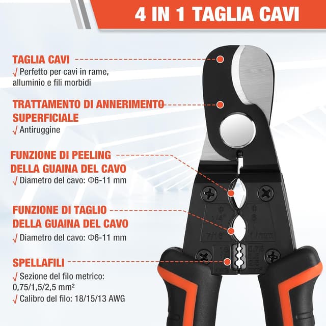 Detalle de ValueMax Tagliacavi Multifunzione 4-IN-1 da 17 cm con foro di spelatura e sezioni 0,75/1,5/2,5 mm²