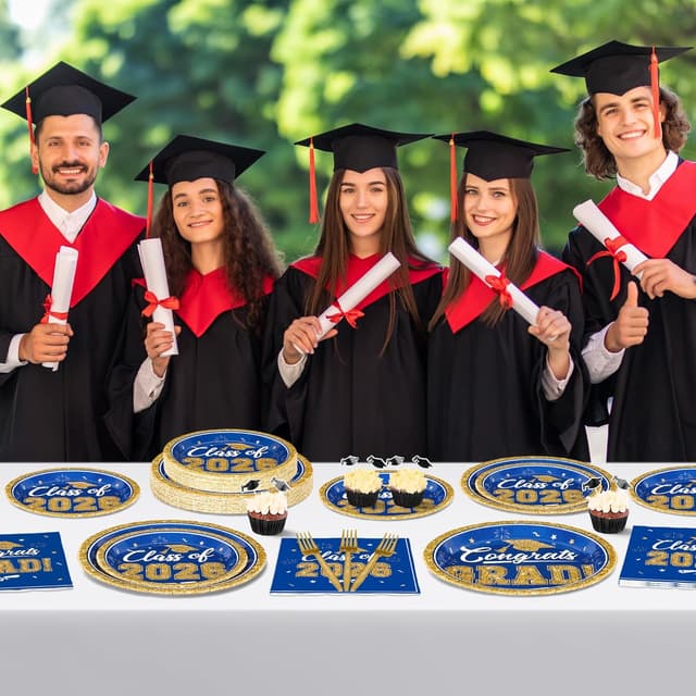 Detalle 2 de QZYL Graduation Party Supplies Set for 50 Guests (Blue & Gold 2026) – 200-Piece Disposable Plates, Napkins & Forks