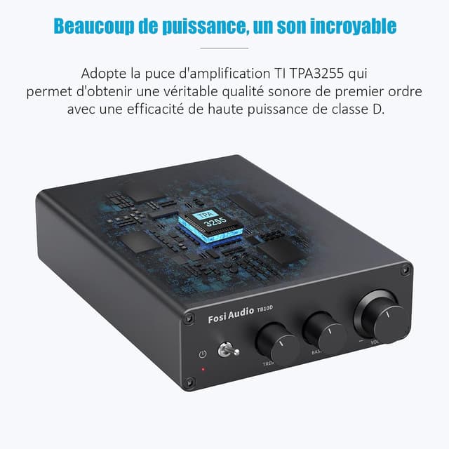 Detalle de Fosi Audio TB10D (TPA3255) mini amplificateur HiFi stéréo 2 canaux, entrée RCA, contrôle basses/aigus