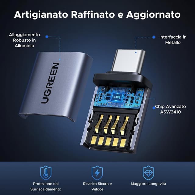 Detalle de UGREEN Adattatore USB-C a USB-A 3.2 10 Gbps (4 pezzi) OTG maschio-femmina