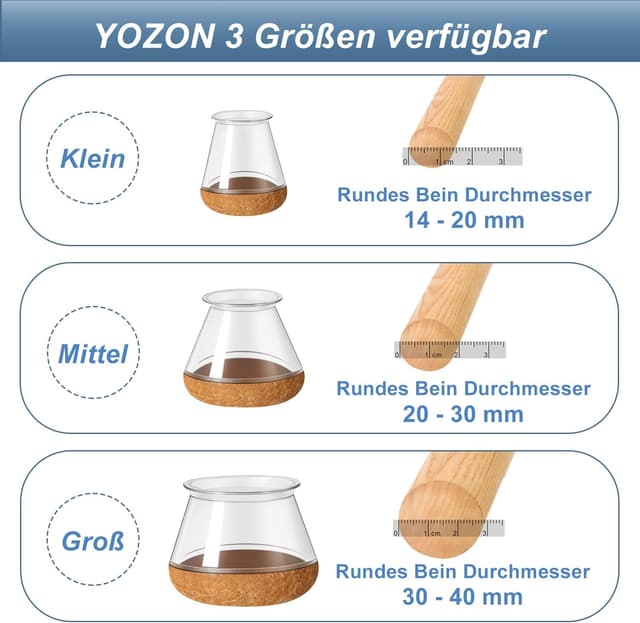 Detalle de YOZON 20 Stück Stuhlbeinkappen aus transparentem Silikon mit umwickeltem Filz (Durchmesser 20–30 mm)