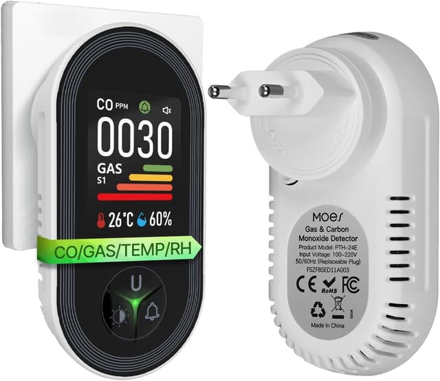 Detalle de MOES 4-in-1 Kohlenmonoxid- und Gasmelder mit Stecker (CO, LPG/Propan, Methan, Ethan) inkl. Temperatur- & Luftfeuchtigkeitssensor
