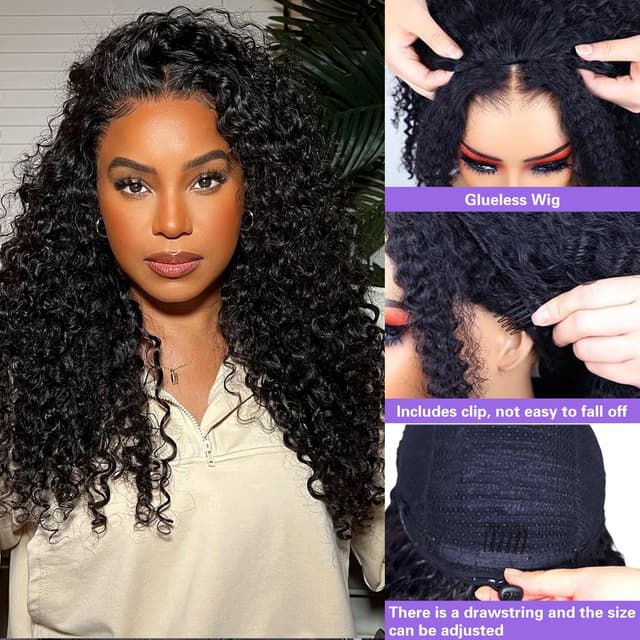 Detalle de Fronbanis Deep Wave Half Wig Human Hair (200% Density, 18-inch) – Glueless drawstring half wig with headband style options