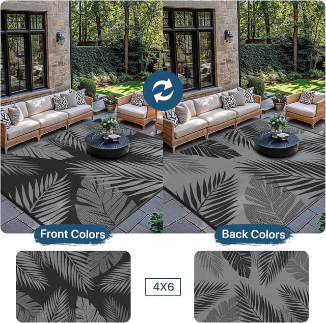 Detalle de GENIMO Outdoor Teppich Wetterfest 120x180 cm – Balkon-Teppich mit botanischem Blattmuster, waschbar, schwarz-grau