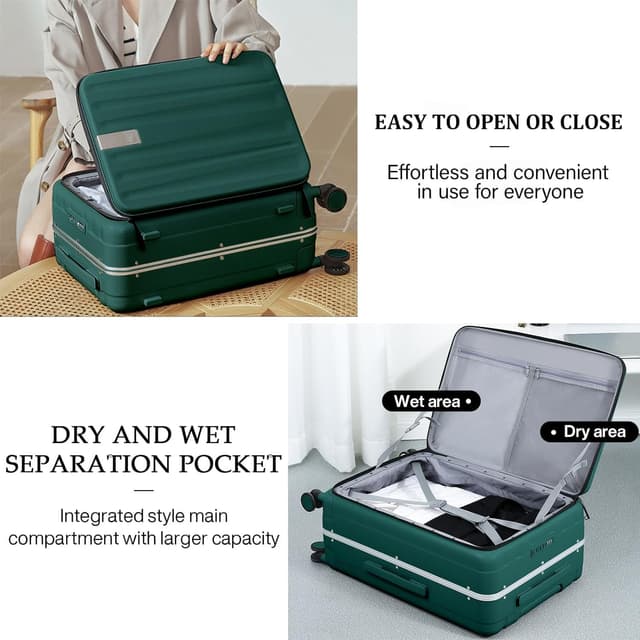 Detalle de Hanke 20-Inch Carry-On Rolling Suitcase (Aluminum Frame, Front Opening) — Hard-Sided PC, Spinner Wheels, Dark Green