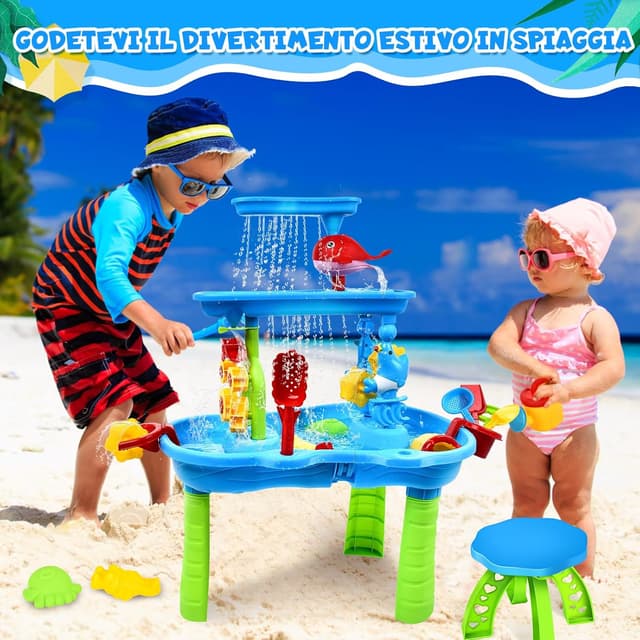 Detalle 2 de JONRRYIN Tavolo Acqua e Sabbia 3 Piani con sedia e accessori (modello Bleu)