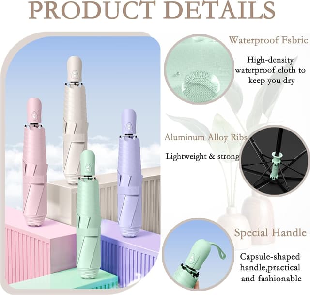 Detalle de Mini Ultra-Lightweight Compact Portable Travel Folding Umbrella with UV Protection (Auto Open/Close, 6 Ribs)