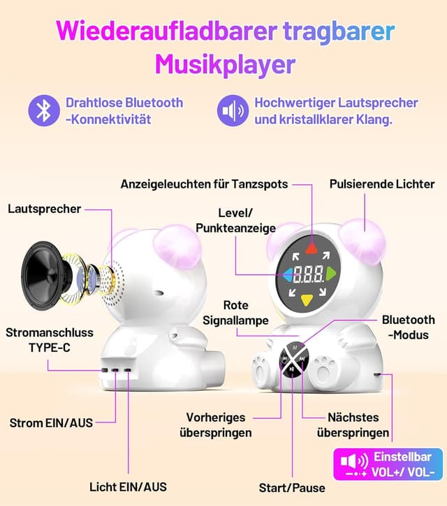 Detalle 2 de FWFX Tanzmatte Kinder 3–12 Jahre mit Bluetooth