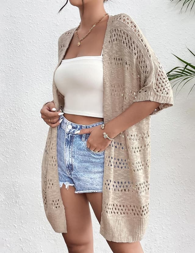 Detalle de Zeagoo Lightweight Summer Crochet Cardigan for Women (Short Sleeve Kimono, Open Front)