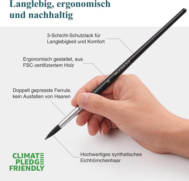 Detalle de Aquarellpinsel-Set (9-teilig) mit synthetischem Eichhörnchenhaar – Rundpinsel für Aquarell & Tempera