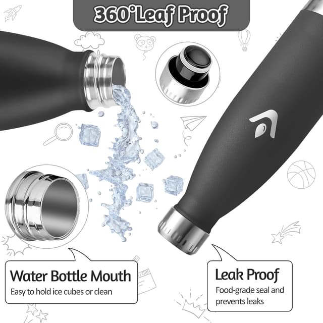 Detalle de Motswedi Borraccia Termica Bambini 500 ml doppia parete 18/8 in acciaio inox, nero