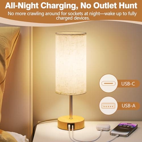 Thumbnail 1 de UPXNBOR Lámpara de Mesita de Noche Control Táctil con Puertos de Carga USB-A y USB-C, Regulable en 3 Niveles, Pantalla de Lino, Lámpara de Mesa Pequeña, con Cable de 1,5 m (Bombilla E27 Incluida)