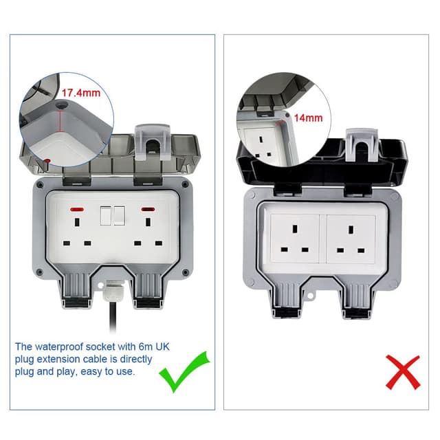Detalle de Anesty Outdoor Socket with 6m Extension Lead – Outdoor Double Plug Socket, Waterproof IP66 (2 Gang Storm Switched)
