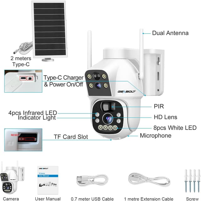Detalle 2 de GENBOLT Solar WiFi Security Camera Outdoor Wireless with Dual Lens Spotlight, Dual View & PIR
